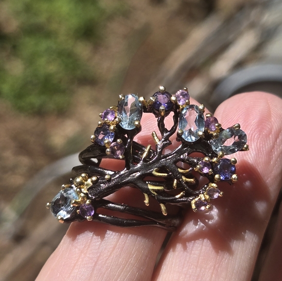 πHOST PICK π Blue Topaz Lolite & Amethyst Sterling Rhodium & Gold ring sz6.75 - Picture 6 of 13